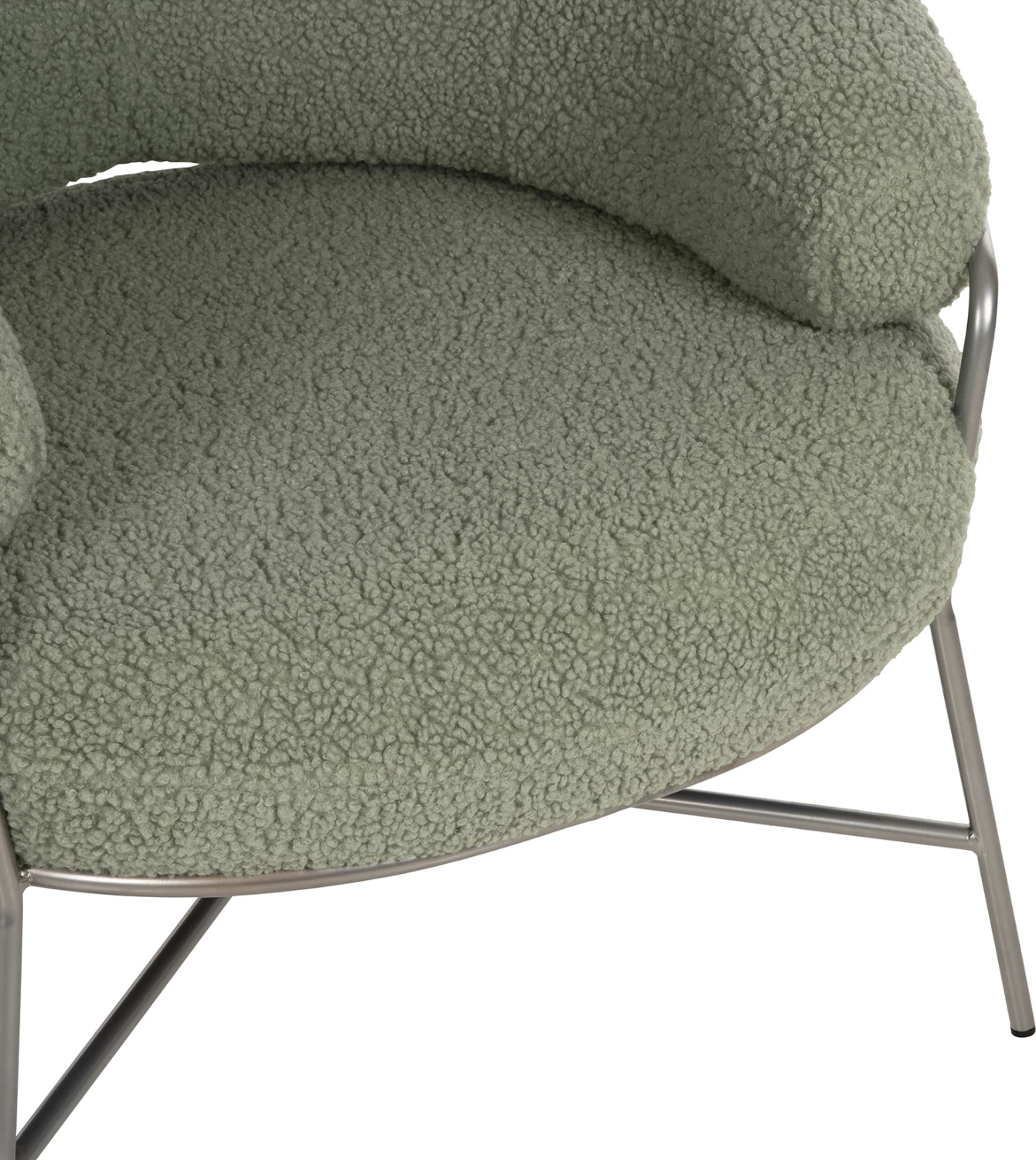 Fotelje TRUDI FH8639.27, ngjyrë fistik, pëlhurë boucle dhe kornizë metalike argjendi, 84x79x76H cm