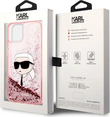 Mbështjellës Karl Lagerfeld Liquid Glitter Karl's Head për iPhone 14 Plus, Rozë