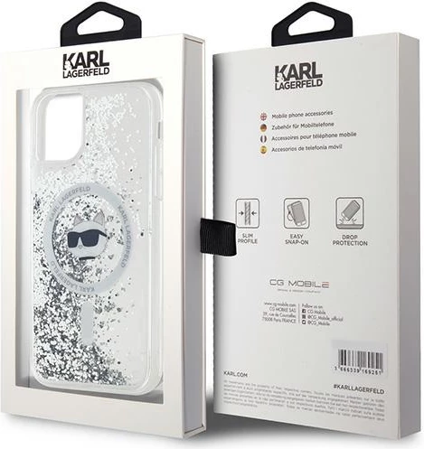 Mbështjellës Karl Lagerfeld Liquid Glitter Choupette Head MagSafe për iPhone 11/XR, Transparent