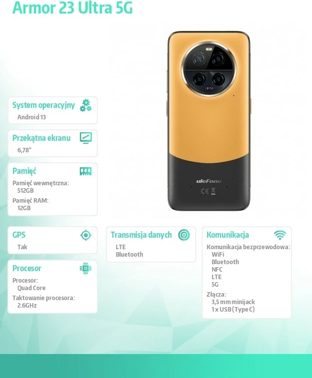 Celular Ulefone Armor 23 Ultra 5G, 12/512GB, Portokalli