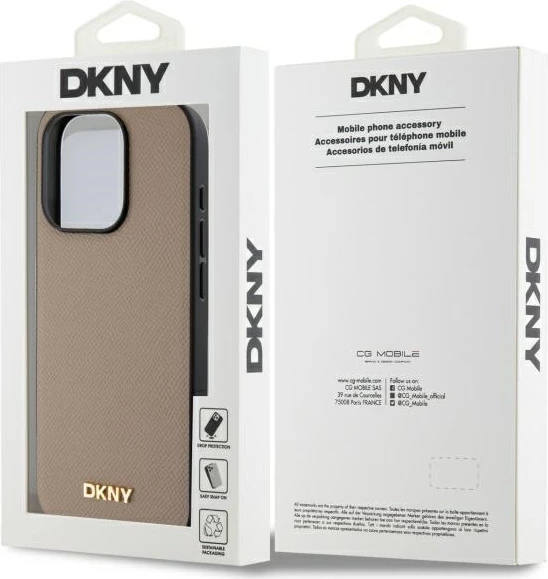 Mbështjellës DKNY Grained Metal Logo MagSafe për iPhone 15 Pro Max, Bezhe