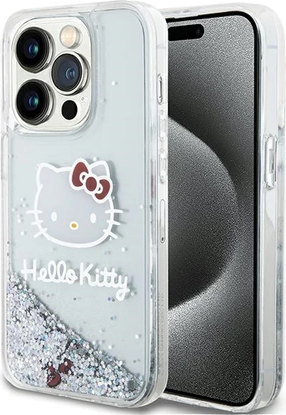 Mbështjellës Hello Kitty Liquid Glitter Charms Kitty Head për iPhone 15 Pro, argjend