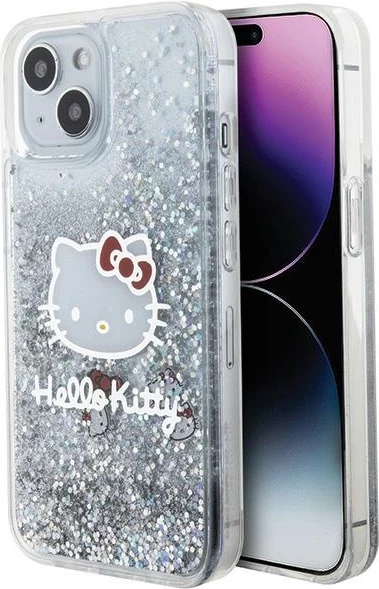 Mbështjellës Hello Kitty Liquid Glitter Charms Kitty Head për iPhone 14, argjend