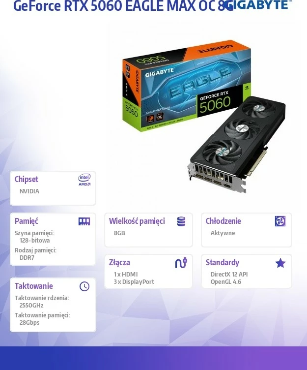 Kartelë grafike Gigabyte GeForce RTX 5060 EAGLE MAX OC 8G, 8 GB DDR7, PCI-E 5.0, e zezë