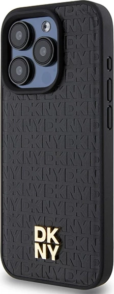 Mbështjellës DKNY Leather Monogram Pattern Metal Logo MagSafe për iPhone 15 Pro, e zezë