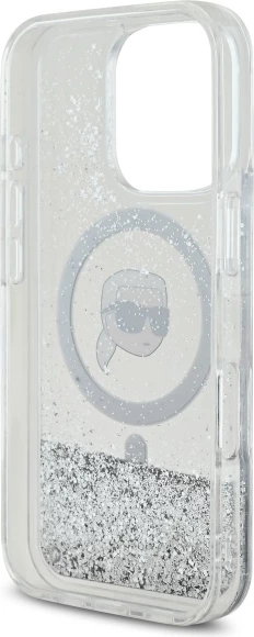 Mbështjellës Karl Lagerfeld Liquid Glitter Karl Head MagSafe për iPhone 16 Pro, Transparent