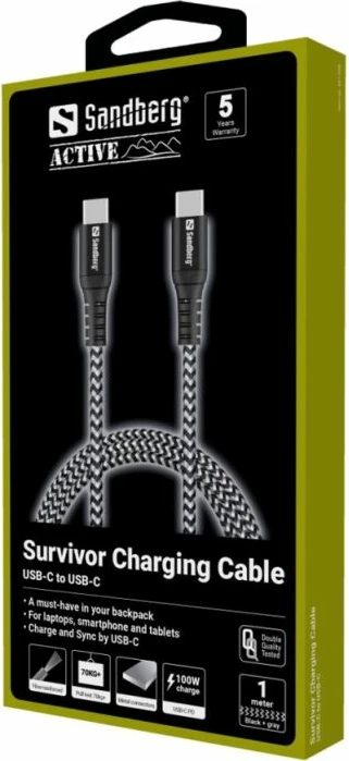 Kabllo karikimi USB-C SANDBERG Survivor 441-38, 1 m, PD 100 W, e zezë/gri
