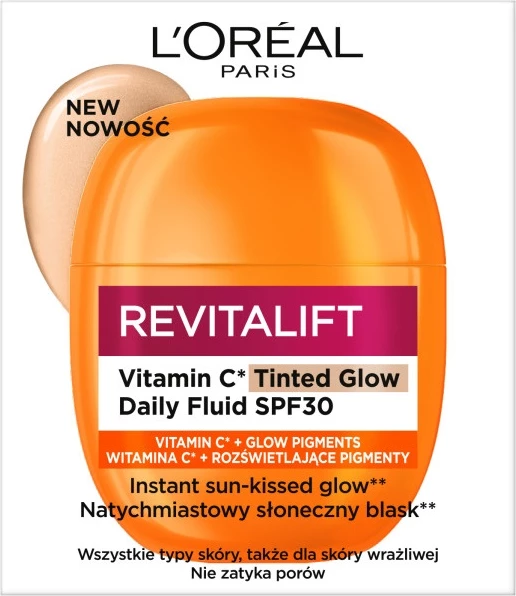 Krem me ngjyrë për fytyrë L'Oreal Paris Revitalift Vitamin C Tinted Glow Light Color Correcting Fluid SPF30 për femra, 40ml
