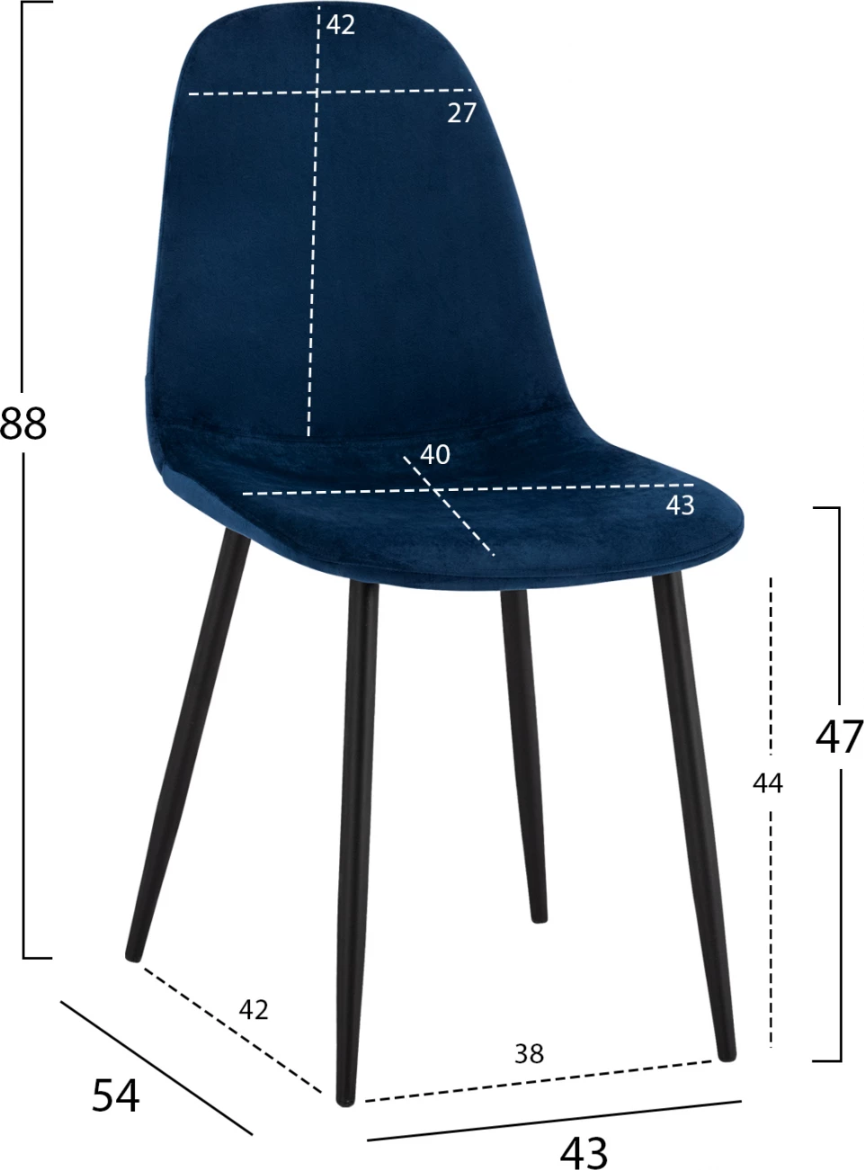 Karrige Leonardo Velvet Blu me Këmbë Metalike FH00100.08 43x54x88 cm., set prej 4 copë