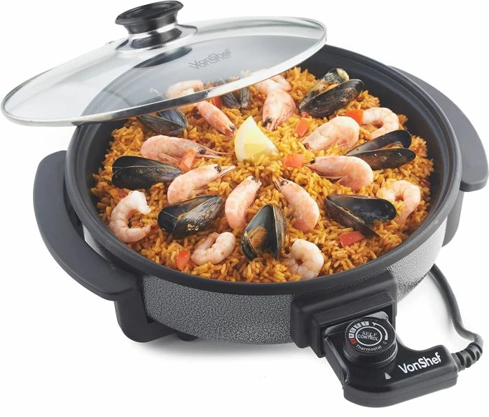 Tigan elektrik VonShef 2007088 30cm 1500W me kapak xhami, gri