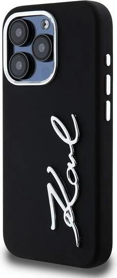 Mbështjellës Karl Lagerfeld Silicone Metal Script Logo për iPhone 15 Pro, i zi