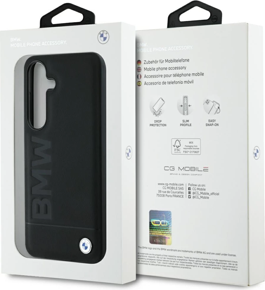 Mbështjellës BMW Leather Big Wordmark për Samsung Galaxy S25+, e zezë