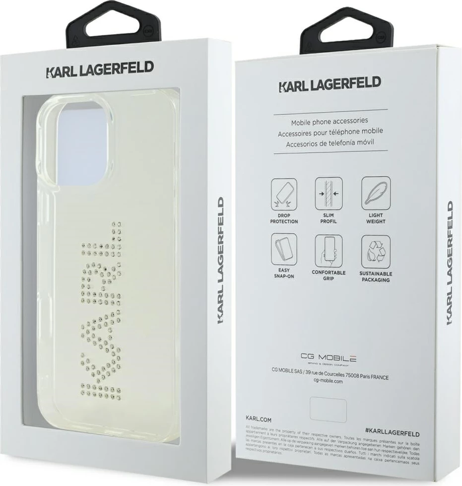 Mbështjellës Karl Lagerfeld IML Rhinestones Logo për iPhone 16 Pro, Transparent
