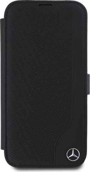 Mbështjellës Mercedes për iPhone 16, imitacion lëkure dhe druri, i zi