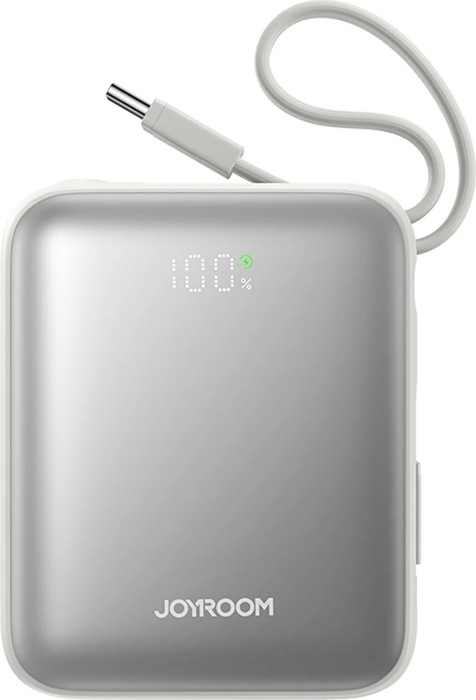 Powerbank Joyroom JR-PBF27, 10000mAh, 22.5W, me kabllo USB-C dhe Lightning të integruara, Bardhë