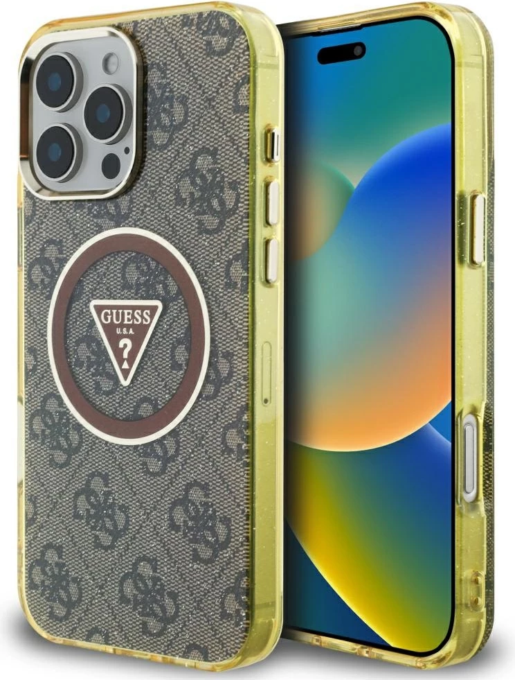 Mbështjellës Guess IML Metal Glitter 4G Circle Triangle MagSafe për iPhone 16 Pro Max, Kafe