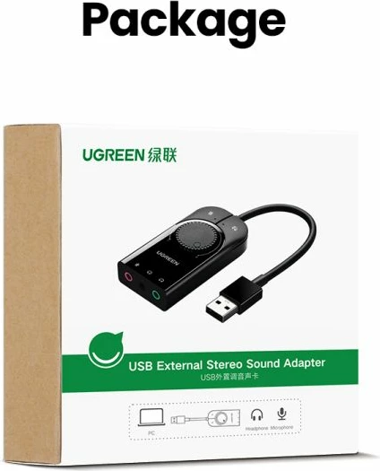 kartë zëri USB e jashtme UGREEN 40964, USB 2.0, 3x 3.5mm, kontroll volum + mute, e zezë