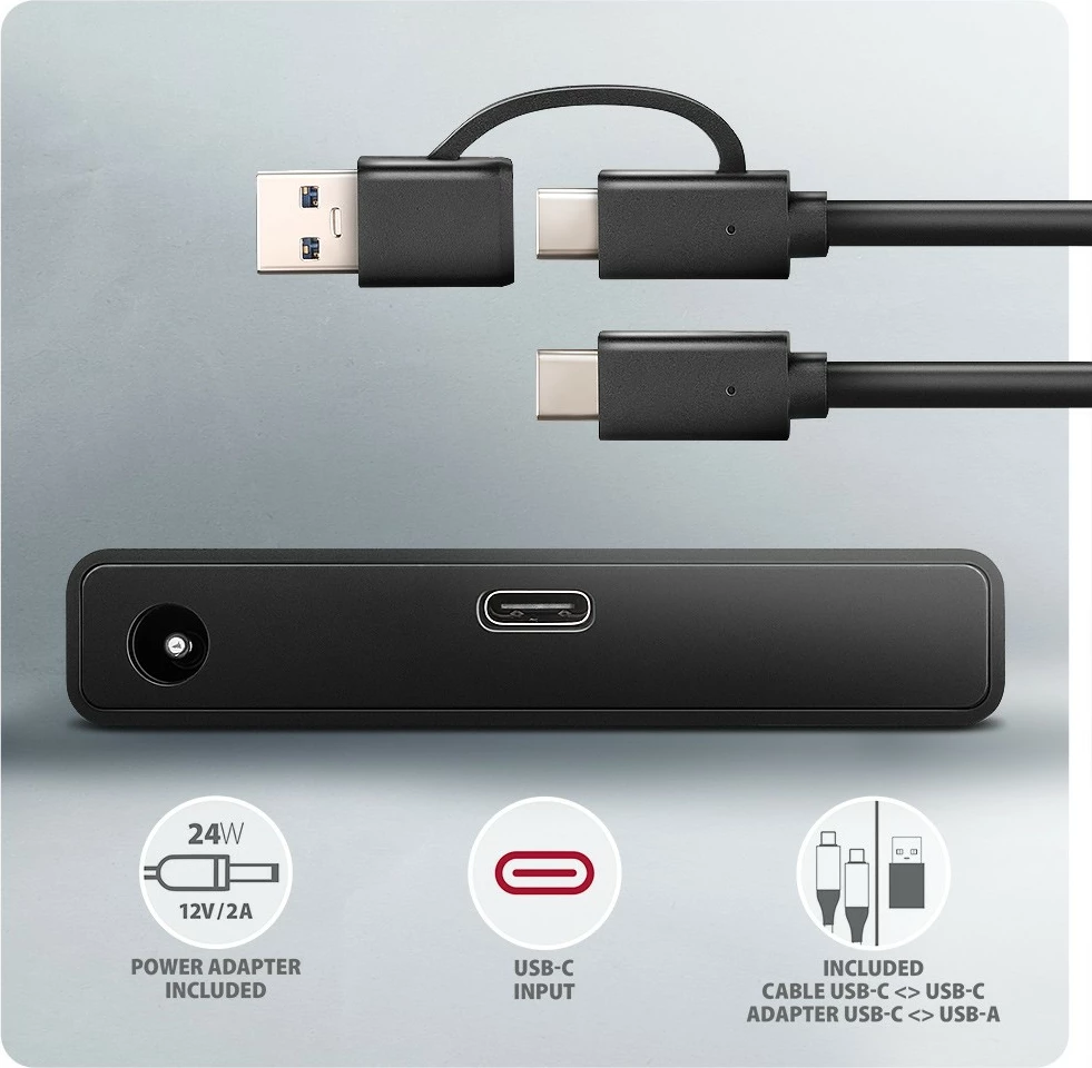 Adapter USB-C në SATA AXAGON ADSA-FPX, 10Gbps, për SSD/HDD 2.5"/3.5", me furnizim rryme, 60cm kabllo, i zi
