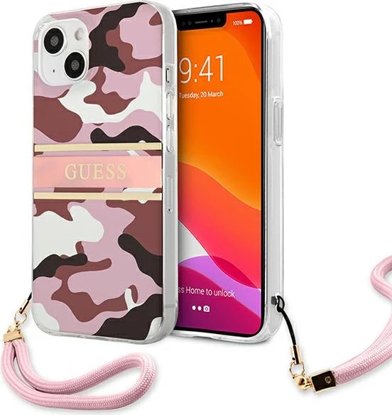 Mbështjellës Guess GUHCP13MKCABPI për iPhone 13 6.1", Camo Strap, rozë