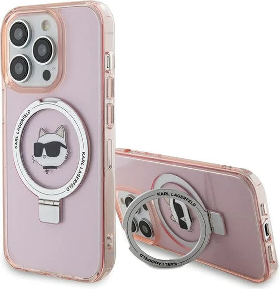 Mbështjellës Karl Lagerfeld KLHMP15LHMRSCHP për iPhone 15 Pro 6.1", me unazë Ring Stand, MagSafe, rozë