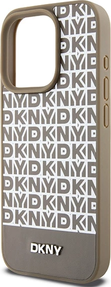 Mbështjellës DKNY Leather Printed Pattern Metal Logo MagSafe për iPhone 15 Pro Max, Kafe