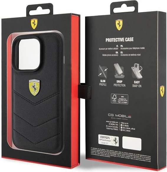 Mbështjellës Ferrari Quilted Metal Logo për iPhone 15 Pro, i zi