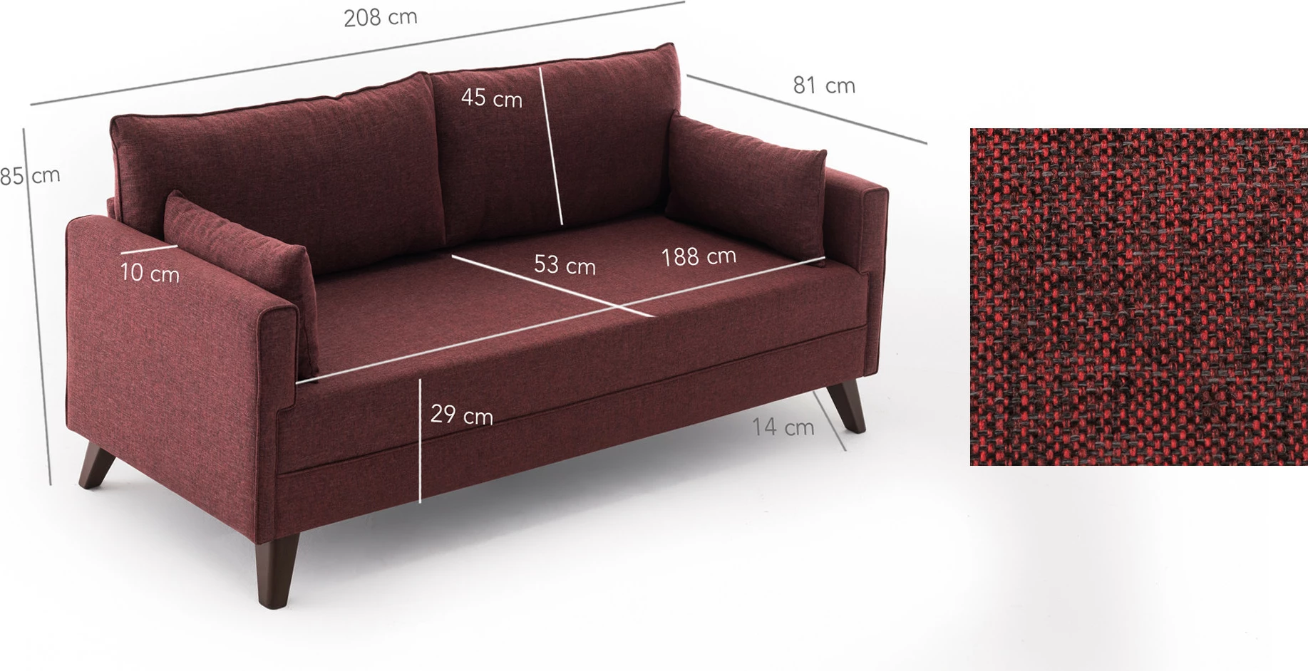 Divan treshe Atelier del Sofa, Bella, ngjyrë e kuqe klaret