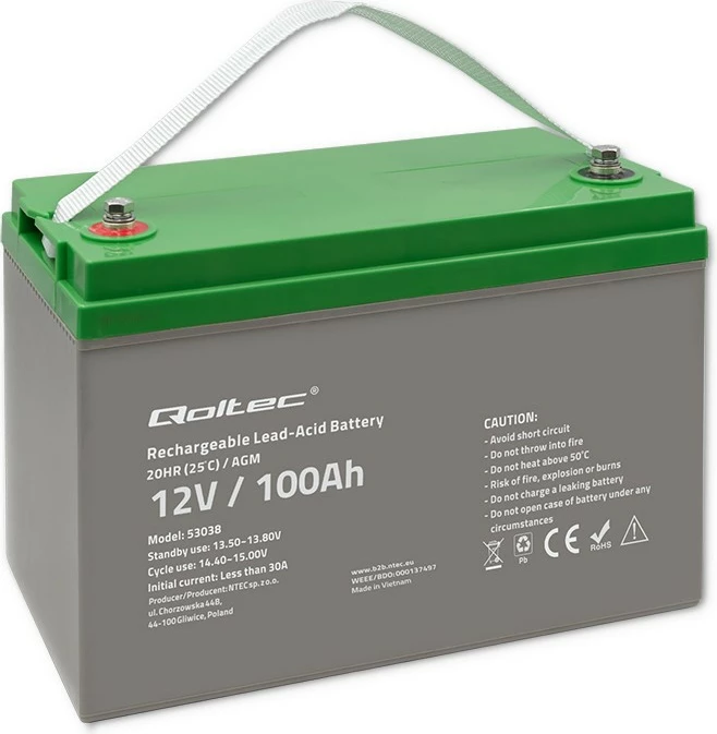 Bateri AGM Qoltec 53038, 12V, 100Ah, Gri/Gjelbër