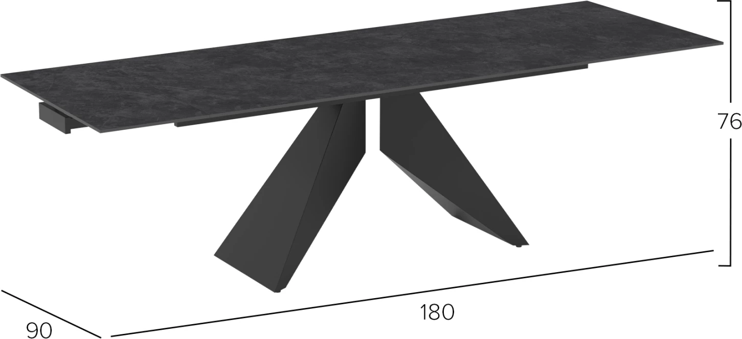 Tavolinë ngrënieje e zgjatshme Dominion, sipërfaqe qeramike, këmbë metalike, 180(40+40)x90x76cm