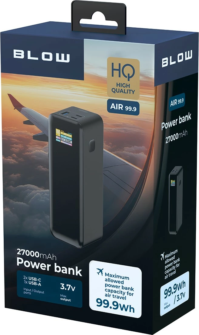 Power bank BLOW AIR99.9 27000mAh PD+QC 140W 3 porta LCD, e zezë