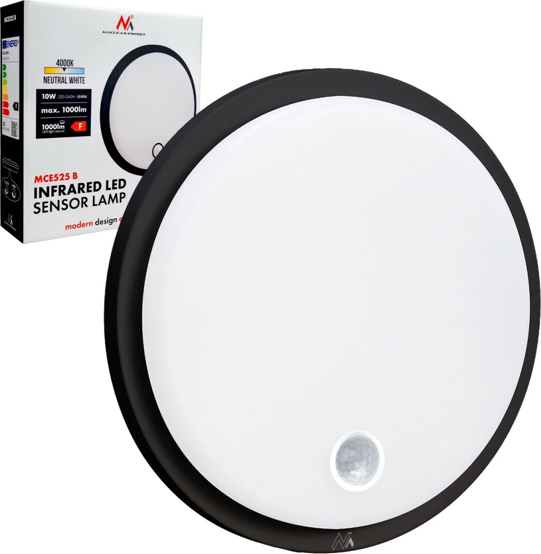 Lambë LED, Maclean MCE525 B, me sensor PIR, IP65, 10W 1000lm, 4000K e bardhë neutrale