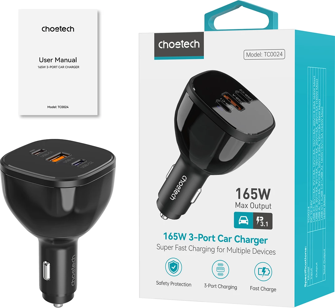 Karikues veture Choetech TC0024, 160W, 2x USB-C PD 3.1, 1x USB-A, i zi