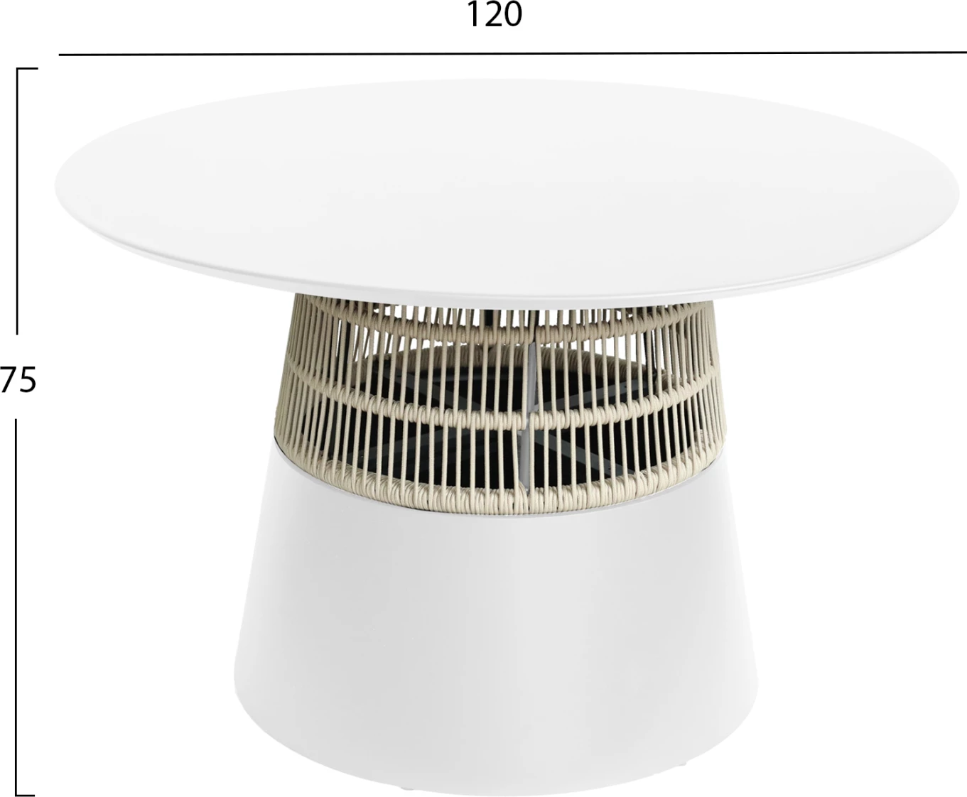 Tavolinë e rrumbullakët SAEID FH6106.02 alumin në të bardhë - litar sintetik në bezhë Φ120x75Hcm