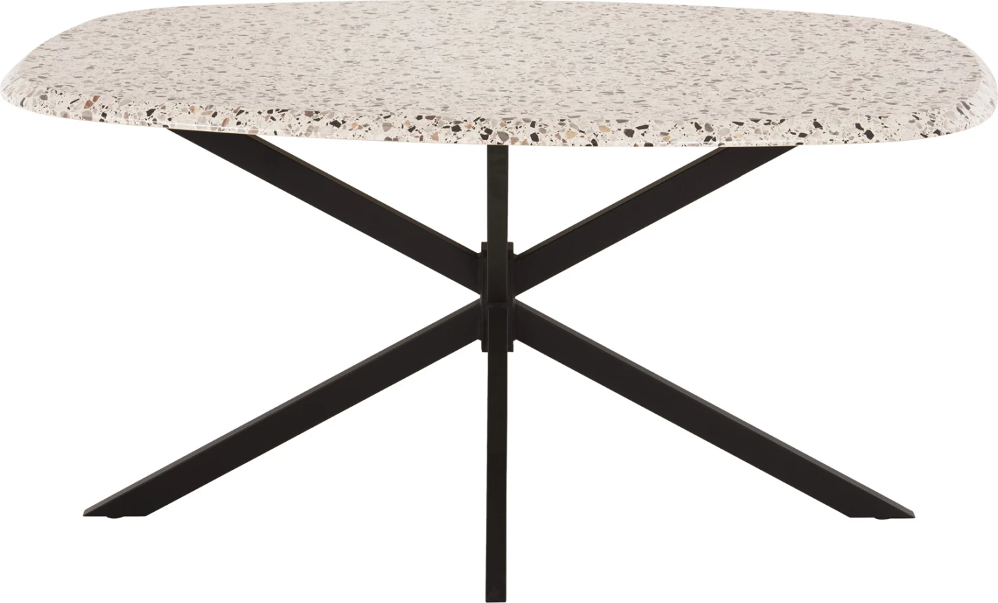 Tavolinë oval për ngrënie, sipërfaqe tavoline Werzalit, ngjyrë terrazzo, bazë metalike e zezë, 146x94x75H cm