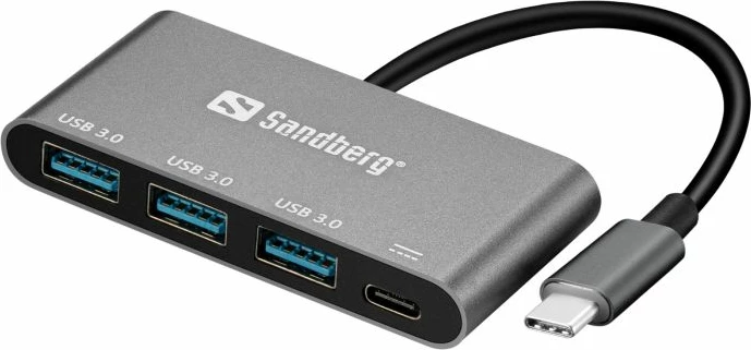 Hub USB-C SANDBERG 136-03, 3x USB 3.0 + USB-C PD deri 100W, gri alumin