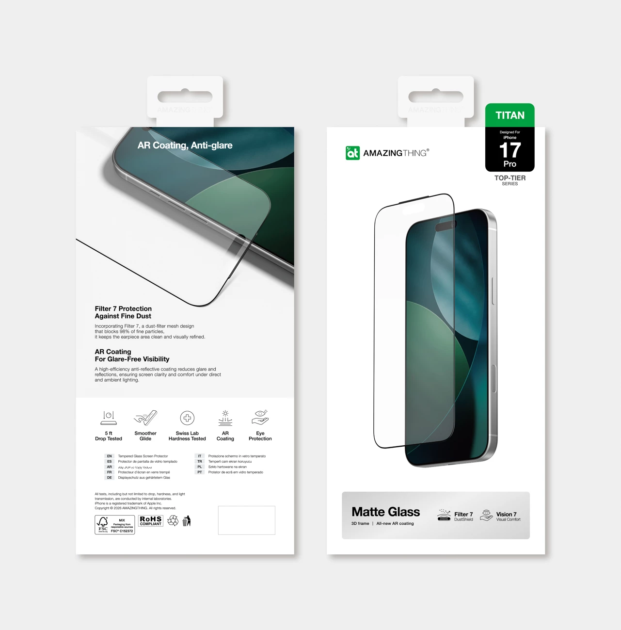 Mbrojtës ekrani qelq i temperuar AmazingThing Titan Vision 7 për iPhone 17 Pro/Pro Max 5-shtresor 9H kundër-reflektues mat