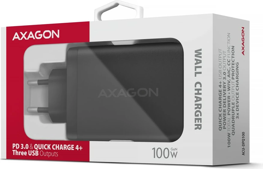 Karikues udhëtimi AXAGON ACU-DPQ100, 100W, 3 porta (USB-A + 2x USB-C), GaN, i zi