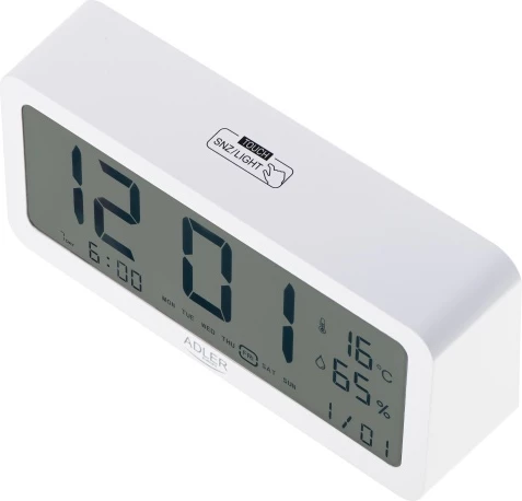 Orë alarmi, Adler, AD 1195, ekran me ndriçim, 3 alarme, shfaq kohë/datë/temperaturë/lagështi, me bateri 2xAA, bardhë