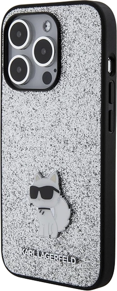 Mbështjellës Karl Lagerfeld Glitter Choupette Logo Metal për iPhone 15 Pro Max, Argjend