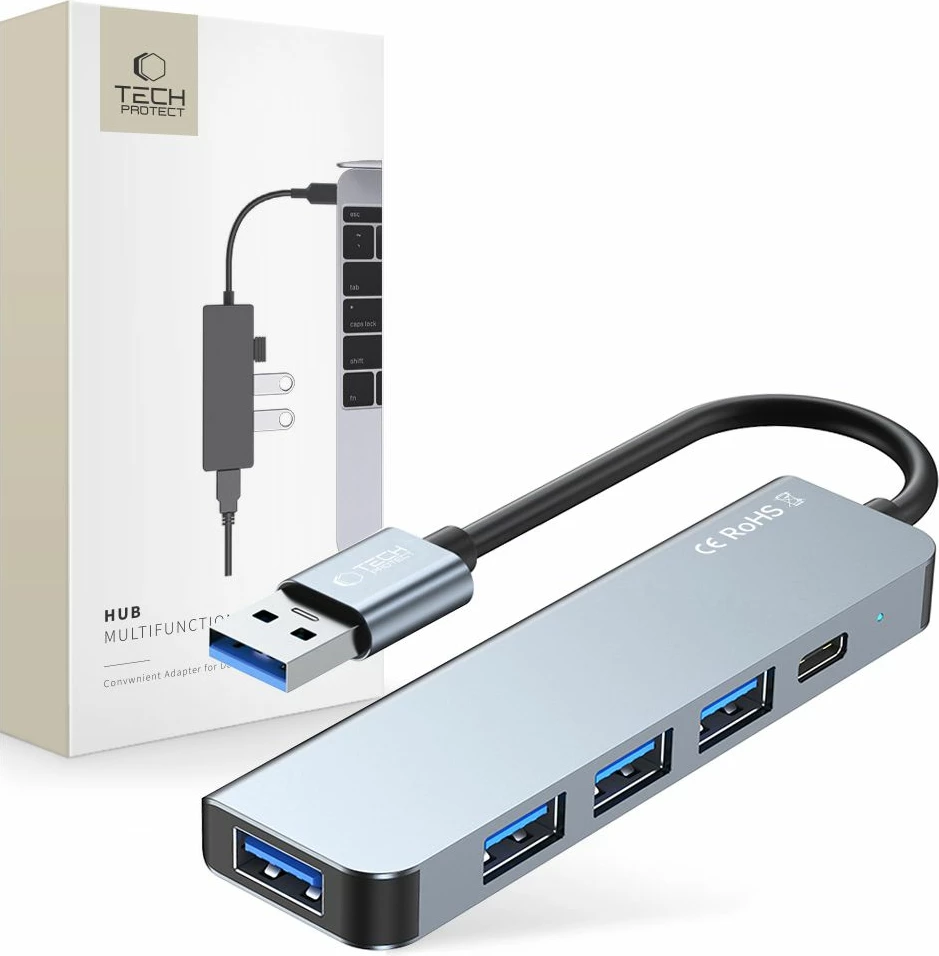 HUB Tech-Protect V0 5in1, USB-A në 3x USB-A 2.0, USB-A 3.0, USB-C, Gri