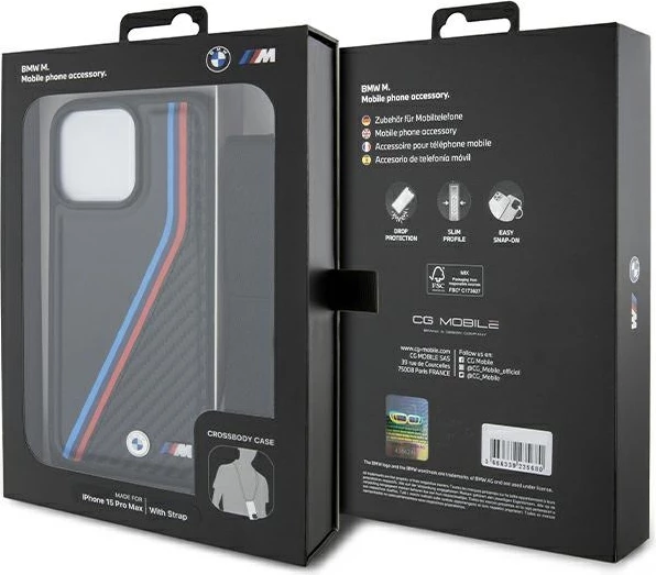Mbështjellës BMW M Edition Carbon Tricolor Lines & Strap për iPhone 15 Pro Max, i zi