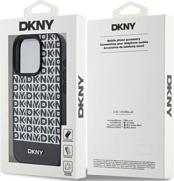 Mbështjellës DKNY Leather Printed Pattern Metal Logo MagSafe për iPhone 15 Pro Max, Zi