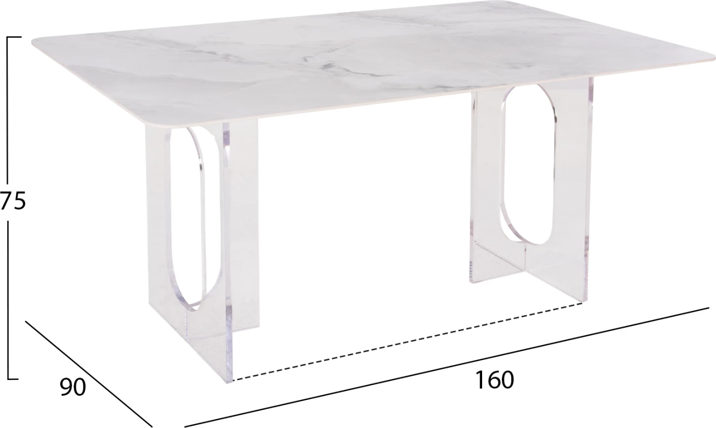 Tavolinë ngrënieje AETHER, FH9769.01, sipërfaqe qeramike e bardhë 12mm, këmbë akrilike, 160x90x75H cm