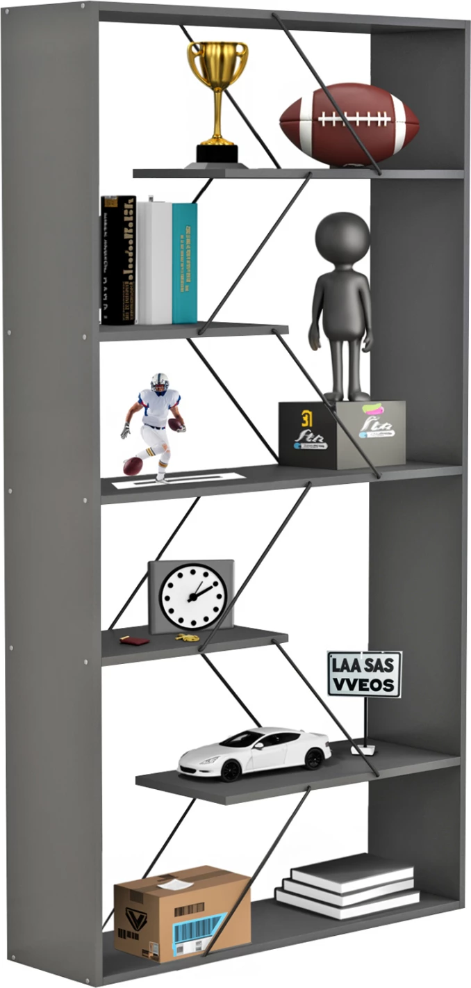 Raft librash TARS, melamin gri, shufra metali të zeza, FH2240.20, 84x24x157H cm