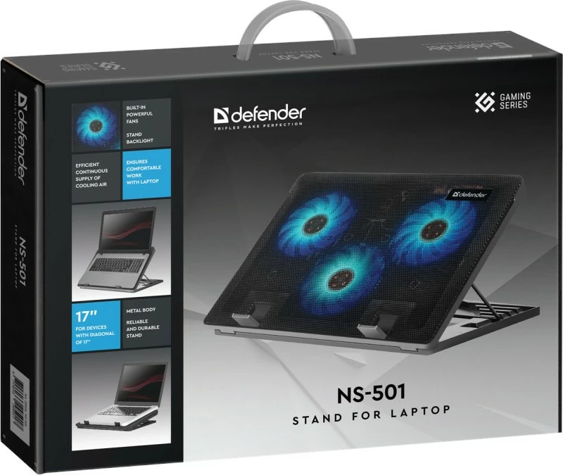 Cooling pad Defender NS-501 për laptop 15.6-17", Metal, 3 ventilatorë, USB, Zi