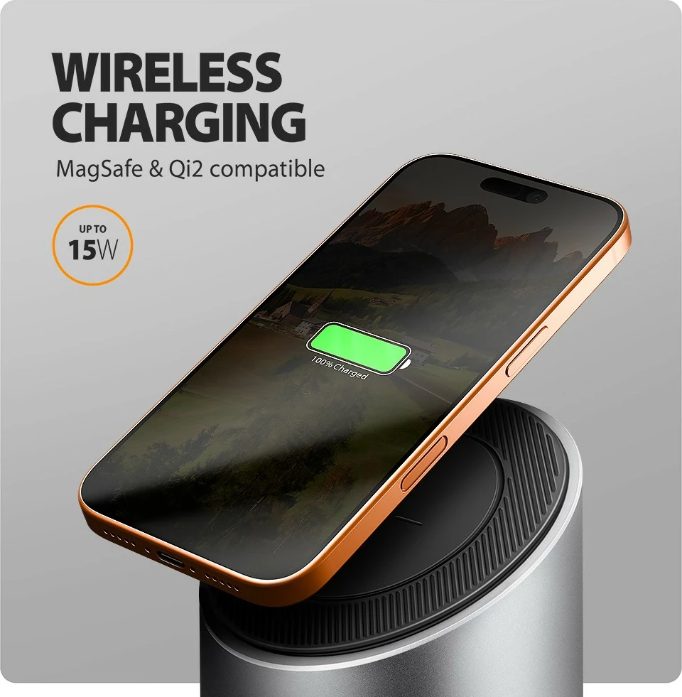 Hub USB-C multiport 9-në-1 AXAGON HMC-WL9 10Gbps 3xUSB-A 1xUSB-C DP 8K/60Hz HDMI 4K/60Hz PD 100W GLAN kabllo USB-C 60 cm karikim wireless 15W gri