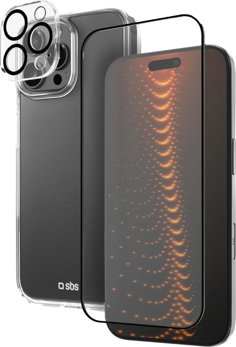 Set mbrojtës për celular SBS D3O, për iPhone 16 Pro Max, mbështjellës + xham për ekran dhe kamera, transparent