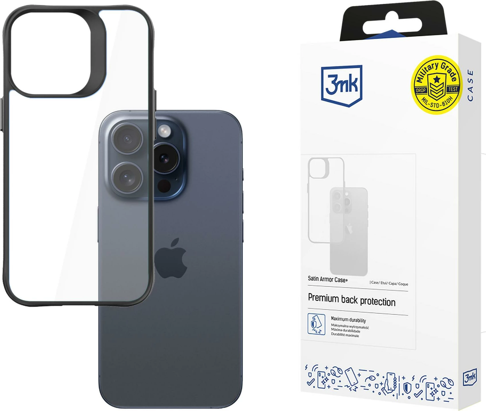 Mbështjellës 3mk Satin Armor Case+ për iPhone 15 Pro, Transparent, Kaltër