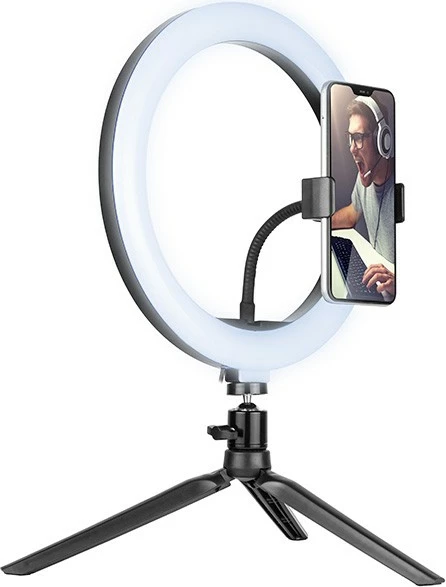 Ring Light Tracer TRAOSW46747 me tripod të vogël, 26 cm, LED, USB, e zezë