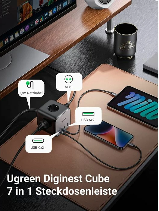 Shirit rryme/karikues UGREEN DigiNest Cube 60113 65W 7-në-1 GaN III 2xUSB-C 2xUSB-A 3xpriza AC kabllo 1.8m, zi/gri